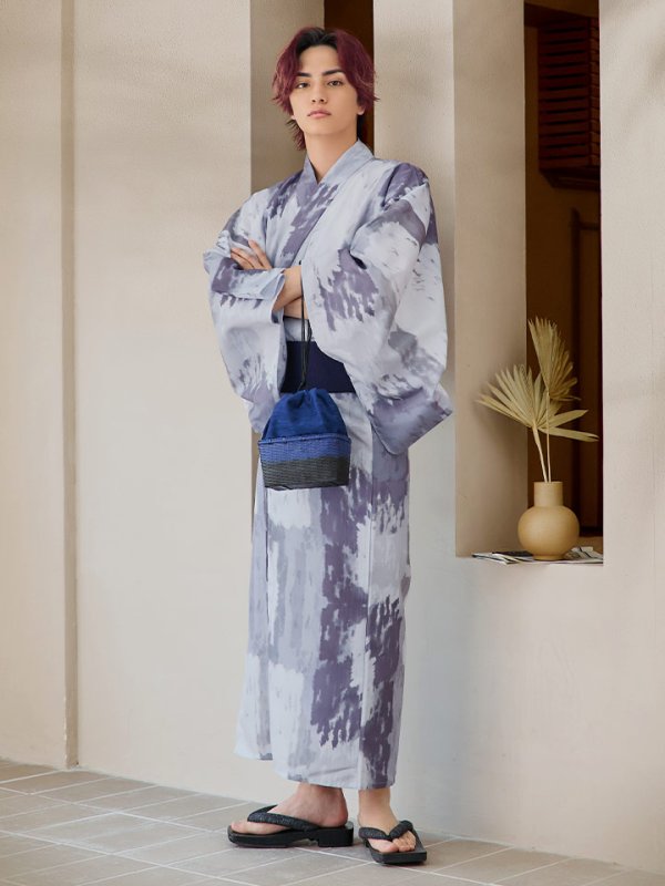 画像4: 【即日発送！】【メンズ浴衣】くすみブルーグレーモザイク柄浴衣【浴衣３点セット 浴衣/帯/下駄】[YMT]