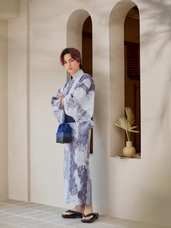 画像5: 【即日発送！】【メンズ浴衣】くすみブルーグレーモザイク柄浴衣【浴衣３点セット 浴衣/帯/下駄】[YMT]