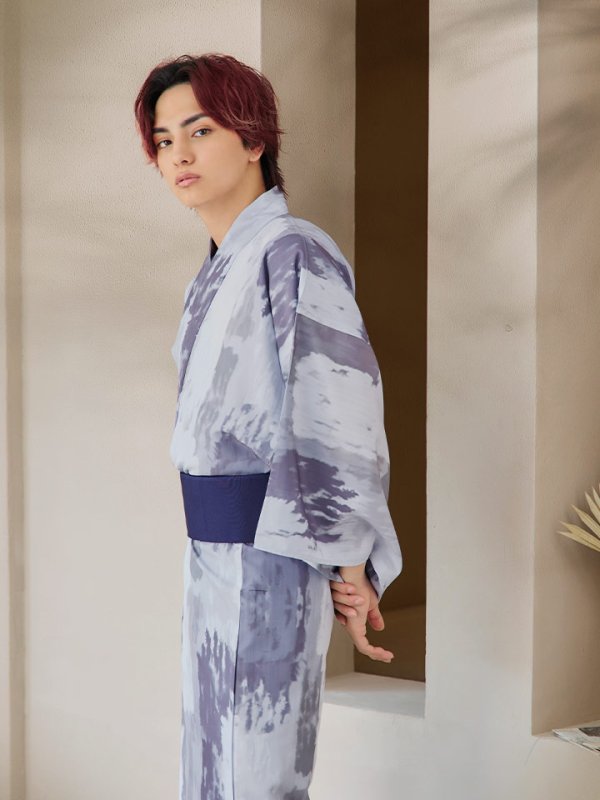 画像6: 【即日発送！】【メンズ浴衣】くすみブルーグレーモザイク柄浴衣【浴衣３点セット 浴衣/帯/下駄】[YMT]