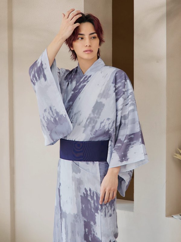 画像8: 【即日発送！】【メンズ浴衣】くすみブルーグレーモザイク柄浴衣【浴衣３点セット 浴衣/帯/下駄】[YMT]