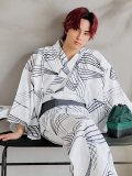 【即日発送！】【メンズ浴衣】ホワイト×ブラック線画浴衣【浴衣・帯・下駄セット】OBI-MS-004-wk-1-B [YMT]