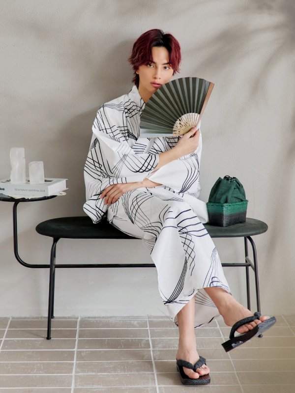 画像10: 【即日発送！】【メンズ浴衣】ホワイト×ブラック線画浴衣【浴衣３点セット 浴衣/帯/下駄】[YMT]