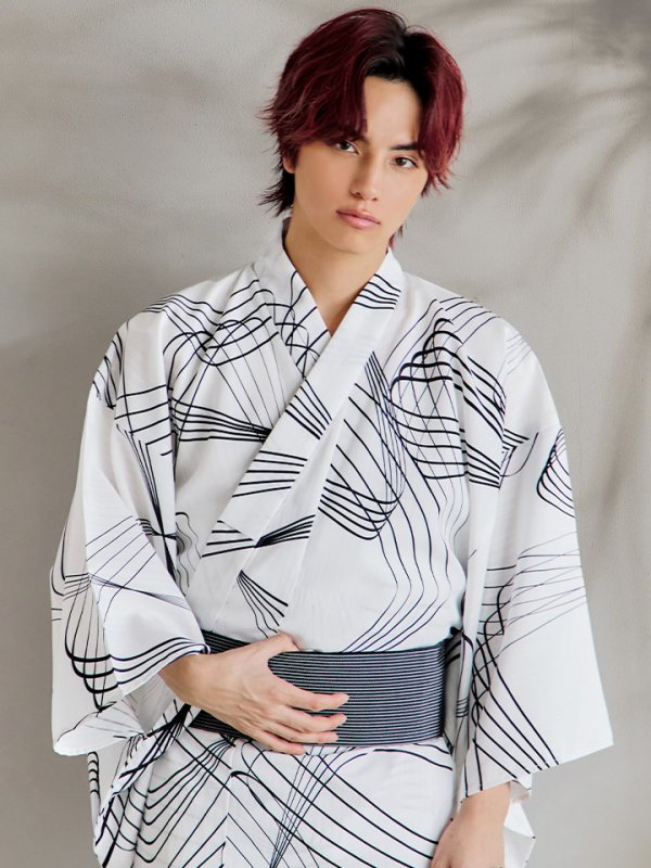 画像5: 【即日発送！】【メンズ浴衣】ホワイト×ブラック線画浴衣【浴衣３点セット 浴衣/帯/下駄】[YMT]