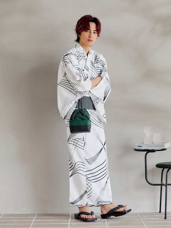 画像6: 【即日発送！】【メンズ浴衣】ホワイト×ブラック線画浴衣【浴衣３点セット 浴衣/帯/下駄】[YMT]