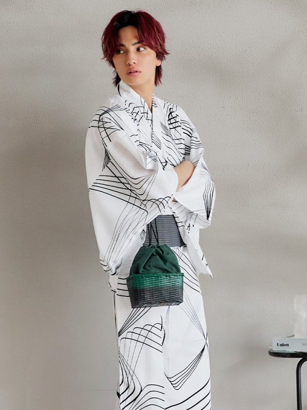 画像7: 【即日発送！】【メンズ浴衣】ホワイト×ブラック線画浴衣【浴衣３点セット 浴衣/帯/下駄】[YMT]