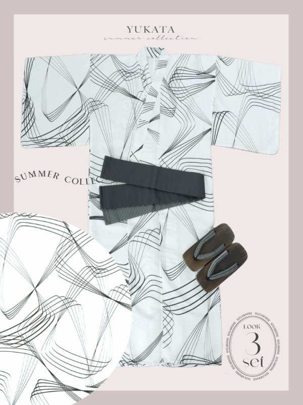 画像18: 【即日発送！】【メンズ浴衣】ホワイト×ブラック線画浴衣【浴衣３点セット 浴衣/帯/下駄】[YMT]