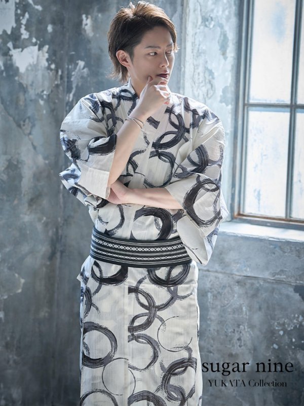 画像3: 【即日発送】【メンズ浴衣】白地に水墨柄【浴衣３点セット 浴衣/帯/下駄】[YMT]