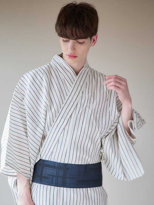 画像9: 【即日発送】【メンズ浴衣】白地にトリコロールカラーのストライプ紳士浴衣【浴衣３点セット 浴衣/帯/下駄】[YMT]