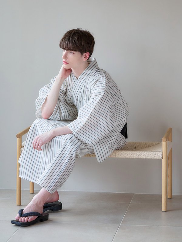 画像12: 【即日発送】【メンズ浴衣】白地にトリコロールカラーのストライプ紳士浴衣【浴衣３点セット 浴衣/帯/下駄】[YMT]