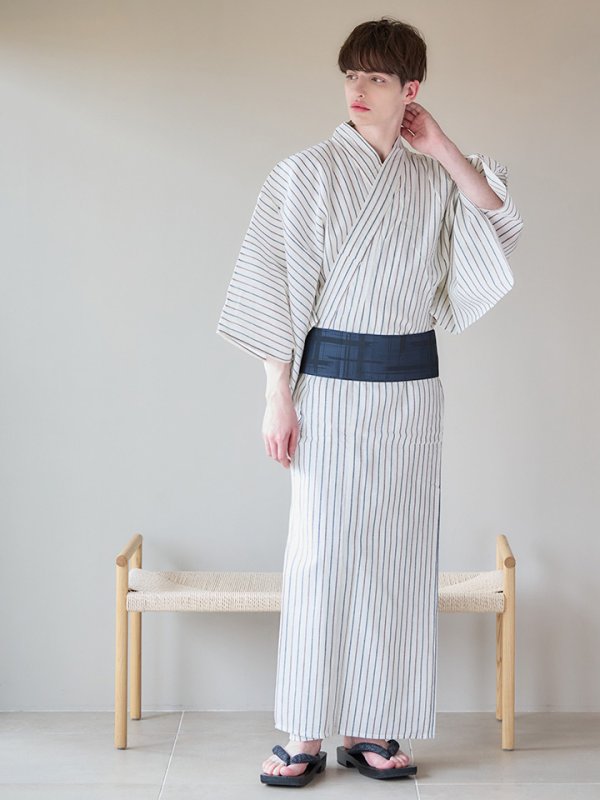 画像7: 【即日発送】【メンズ浴衣】白地にトリコロールカラーのストライプ紳士浴衣【浴衣３点セット 浴衣/帯/下駄】[YMT]