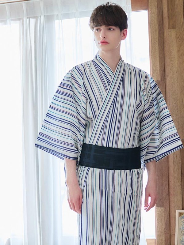 画像11: 【即日発送】【メンズ浴衣】白地にスタイリッシュなストライプ紳士浴衣【浴衣３点セット 浴衣/帯/下駄】[YMT]