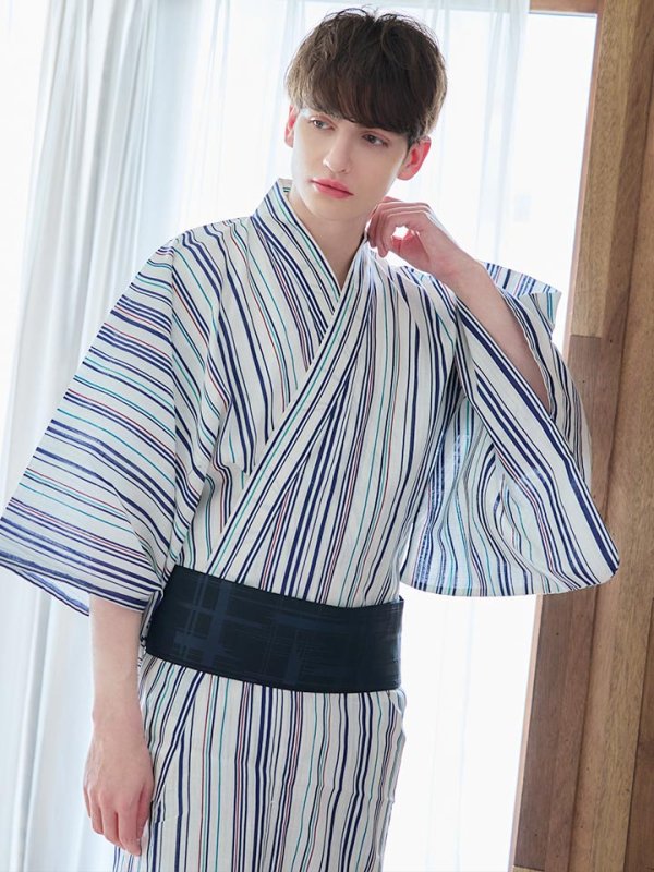 画像3: 【即日発送】【メンズ浴衣】白地にスタイリッシュなストライプ紳士浴衣【浴衣３点セット 浴衣/帯/下駄】[YMT]