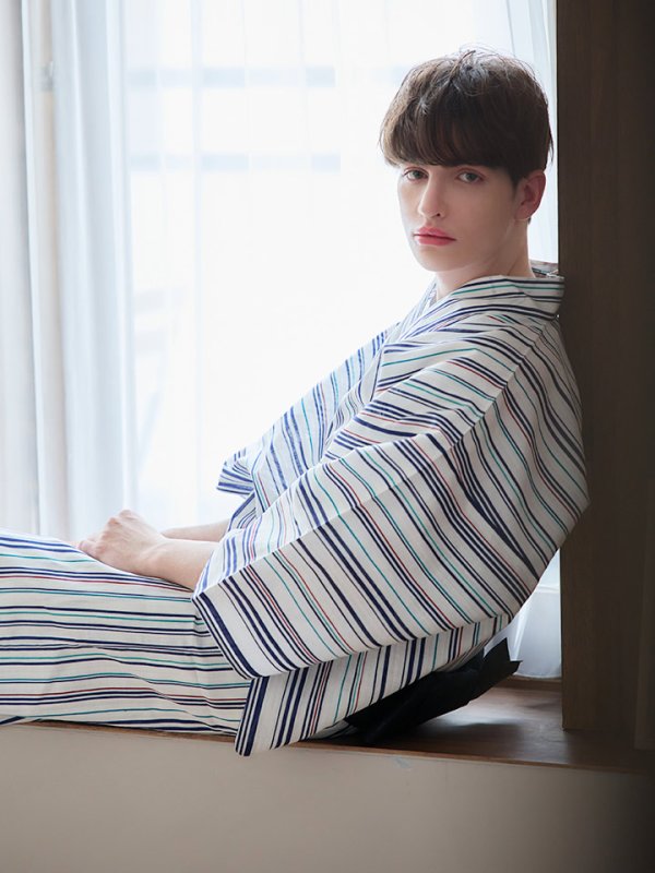 画像6: 【即日発送】【メンズ浴衣】白地にスタイリッシュなストライプ紳士浴衣【浴衣３点セット 浴衣/帯/下駄】[YMT]