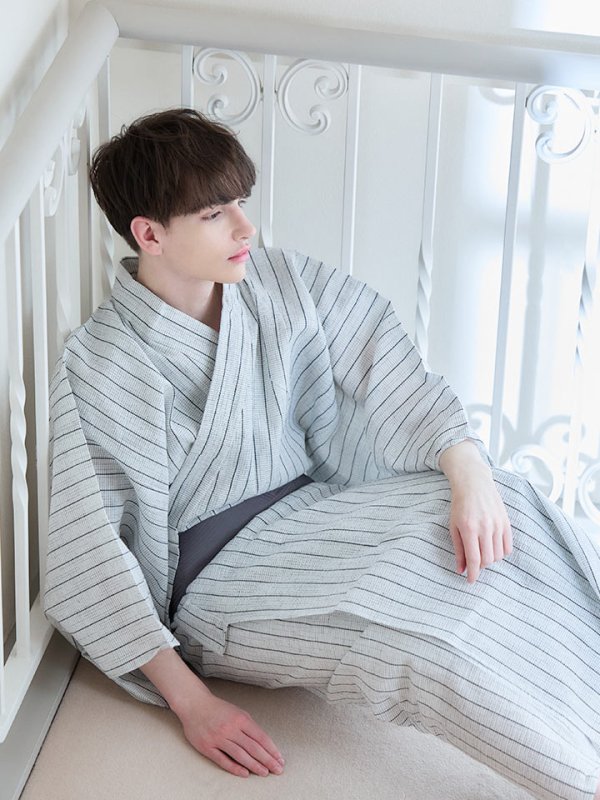 画像9: 【即日発送】【メンズ浴衣】清涼感あふれるしじら織ストライプ紳士浴衣【浴衣３点セット 浴衣/帯/下駄】[YMT]