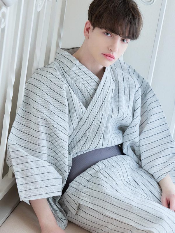 画像13: 【即日発送】【メンズ浴衣】清涼感あふれるしじら織ストライプ紳士浴衣【浴衣３点セット 浴衣/帯/下駄】[YMT]