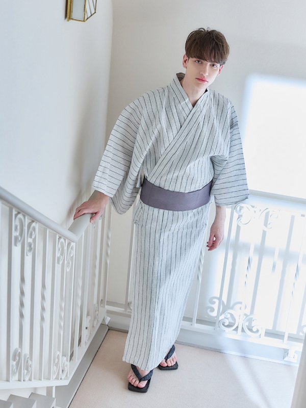 画像4: 【即日発送】【メンズ浴衣】清涼感あふれるしじら織ストライプ紳士浴衣【浴衣３点セット 浴衣/帯/下駄】[YMT]