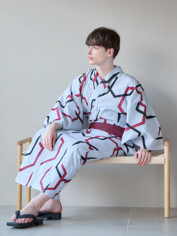画像9: 【即日発送】【メンズ浴衣】白地に幾何学模様の紳士浴衣【浴衣３点セット 浴衣/帯/下駄】[YMT]