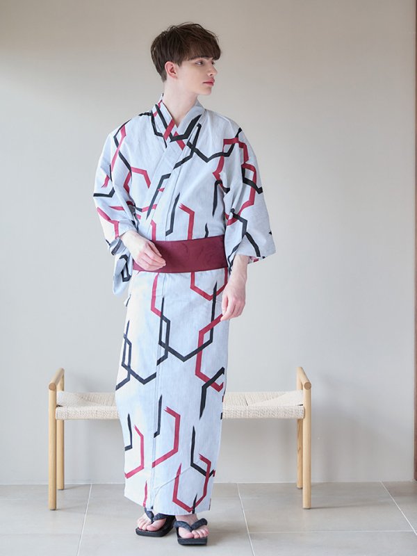 画像10: 【即日発送】【メンズ浴衣】白地に幾何学模様の紳士浴衣【浴衣３点セット 浴衣/帯/下駄】[YMT]