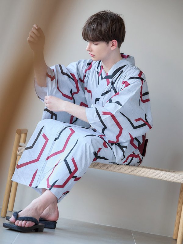 画像11: 【即日発送】【メンズ浴衣】白地に幾何学模様の紳士浴衣【浴衣３点セット 浴衣/帯/下駄】[YMT]