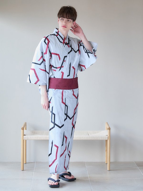 画像4: 【即日発送】【メンズ浴衣】白地に幾何学模様の紳士浴衣【浴衣３点セット 浴衣/帯/下駄】[YMT]