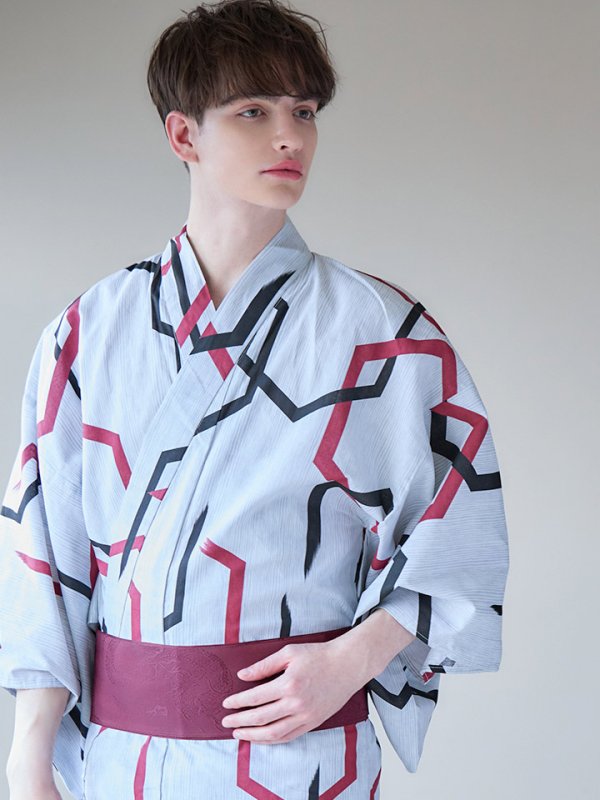 画像8: 【即日発送】【メンズ浴衣】白地に幾何学模様の紳士浴衣【浴衣３点セット 浴衣/帯/下駄】[YMT]