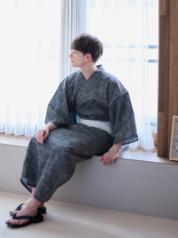 画像6: 【即日発送】【メンズ浴衣】黒地に迷彩柄ストライプ紳士浴衣【浴衣３点セット 浴衣/帯/下駄】[YMT]