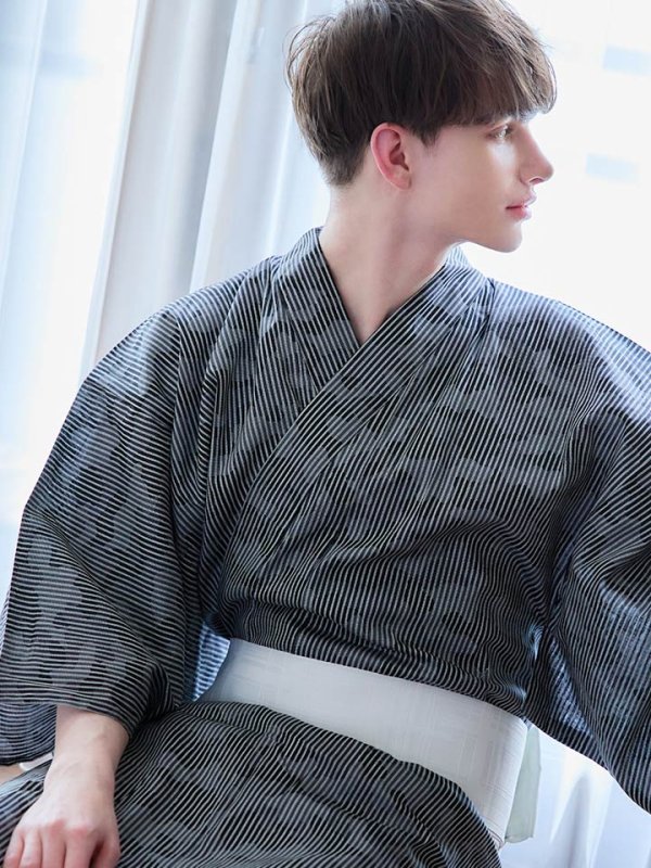 画像8: 【即日発送】【メンズ浴衣】黒地に迷彩柄ストライプ紳士浴衣【浴衣３点セット 浴衣/帯/下駄】[YMT]