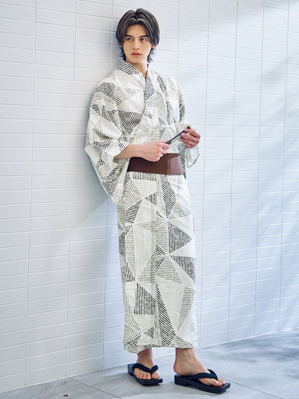 画像10: 【即日発送】【メンズ浴衣】カーキグリーン幾何学的模様浴衣 【浴衣３点セット 浴衣/帯/下駄】[YMT]