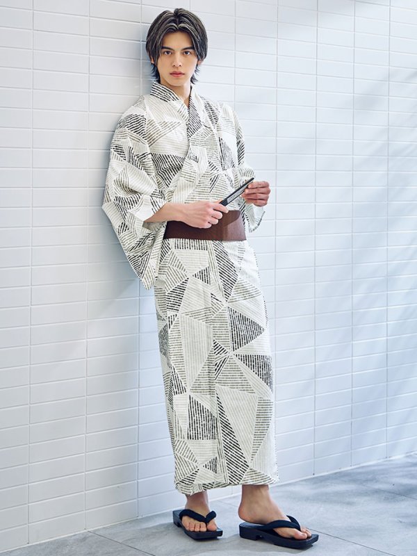 画像3: 【即日発送】【メンズ浴衣】カーキグリーン幾何学的模様浴衣 【浴衣３点セット 浴衣/帯/下駄】[YMT]