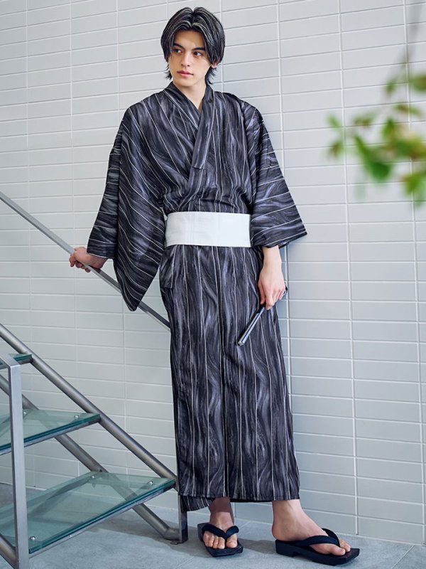 画像3: 【即日発送】【メンズ浴衣】モザイクアート×ストライプ浴衣 【浴衣３点セット 浴衣/帯/下駄】[YMT]