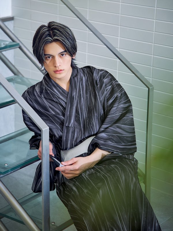 画像6: 【即日発送】【メンズ浴衣】モザイクアート×ストライプ浴衣 【浴衣３点セット 浴衣/帯/下駄】[YMT]