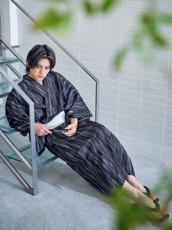 画像7: 【即日発送】【メンズ浴衣】モザイクアート×ストライプ浴衣 【浴衣３点セット 浴衣/帯/下駄】[YMT]