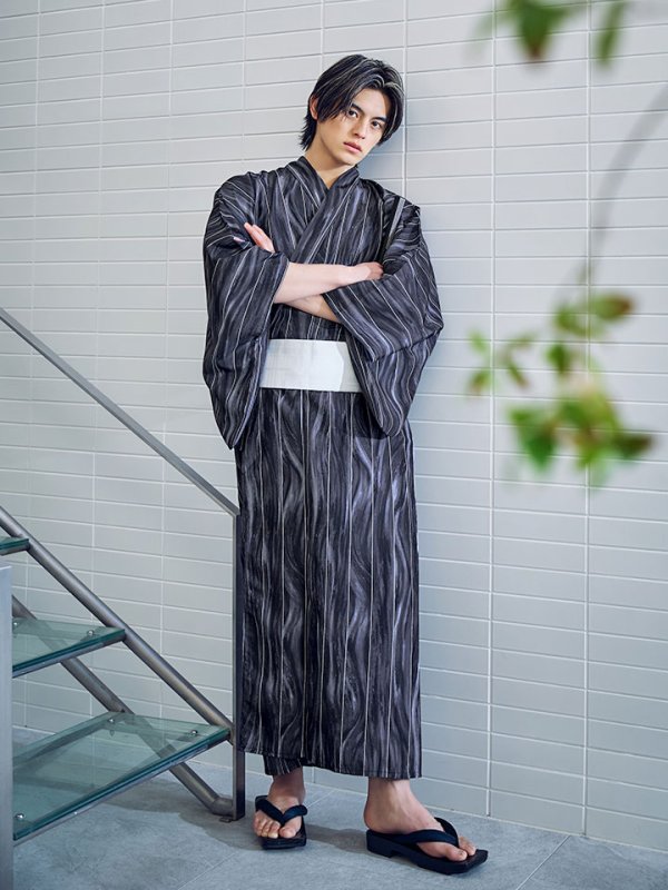 画像9: 【即日発送】【メンズ浴衣】モザイクアート×ストライプ浴衣 【浴衣３点セット 浴衣/帯/下駄】[YMT]