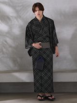 【即日発送】【メンズ浴衣】ブラック×グリーン幾何学的模様紳士浴衣 【浴衣３点セット 浴衣/帯/下駄】[FB03]