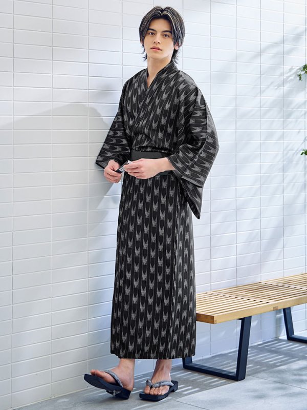 画像12: 【即日発送】【メンズ浴衣】ブラック矢羽線画紳士浴衣 【浴衣３点セット 浴衣/帯/下駄】[YMT]