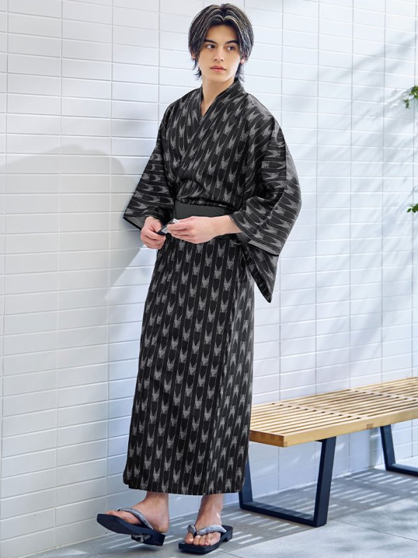 画像3: 【即日発送】【メンズ浴衣】ブラック矢羽線画紳士浴衣 【浴衣３点セット 浴衣/帯/下駄】[YMT]