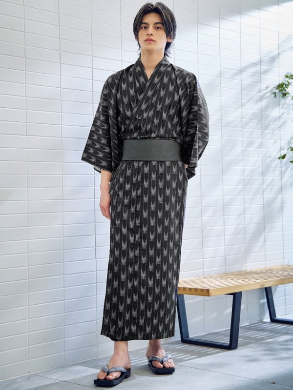 画像4: 【即日発送】【メンズ浴衣】ブラック矢羽線画紳士浴衣 【浴衣３点セット 浴衣/帯/下駄】[YMT]