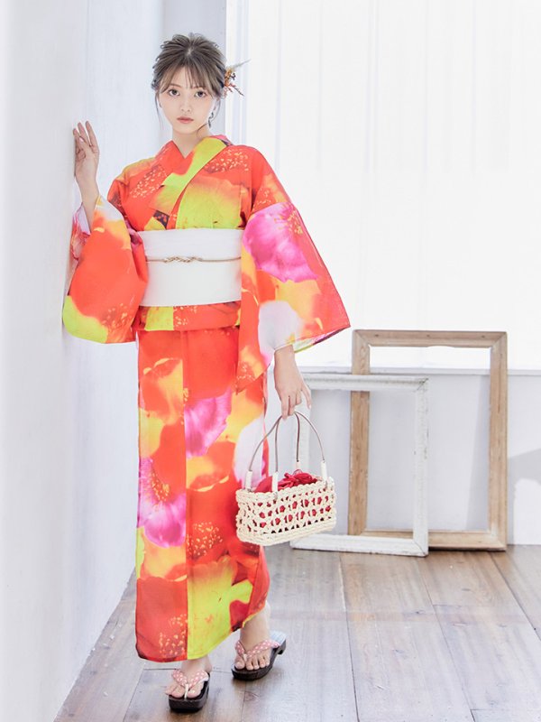 画像4: 【即日発送】【浴衣セール！】リアルフラワー橙色派手カワ浴衣セット【浴衣３点セット浴衣/帯/下駄】