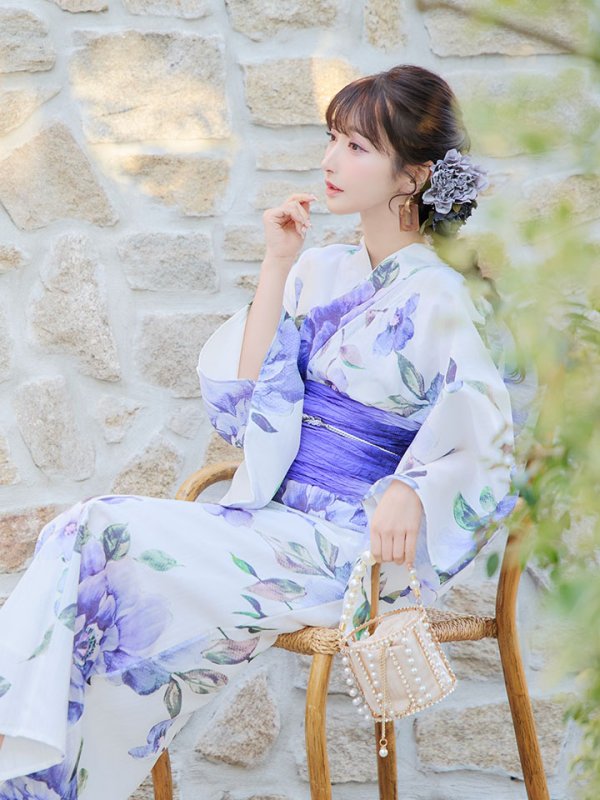 画像15: 【即日発送】【浴衣】白地に水彩牡丹のクラシック浴衣 グラデーション帯 【浴衣３点セット 浴衣/帯/下駄】[YMT]