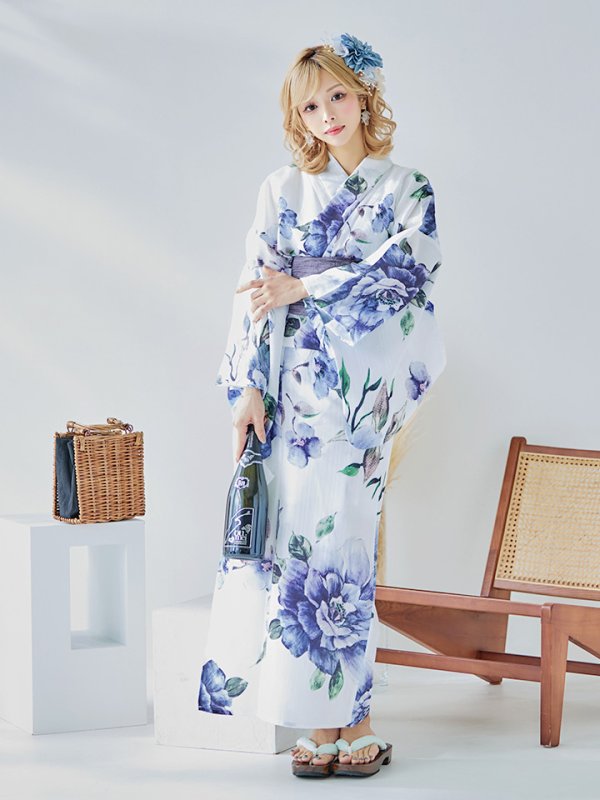 画像4: 【即日発送！】【浴衣】白地に水彩牡丹のクラシック浴衣 グラデーション帯 【浴衣３点セット 浴衣/帯/下駄】[YMT]