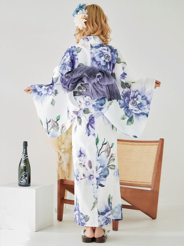 画像9: 【即日発送！】【浴衣】白地に水彩牡丹のクラシック浴衣 グラデーション帯 【浴衣３点セット 浴衣/帯/下駄】[YMT]