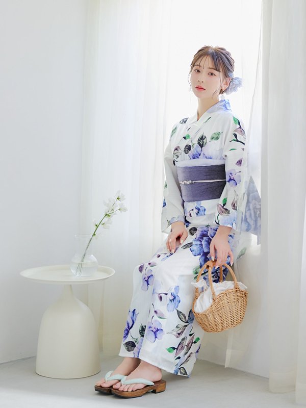 画像12: 【即日発送】【浴衣】白地に水彩牡丹のクラシック浴衣 グラデーション帯 【浴衣３点セット 浴衣/帯/下駄】[YMT]