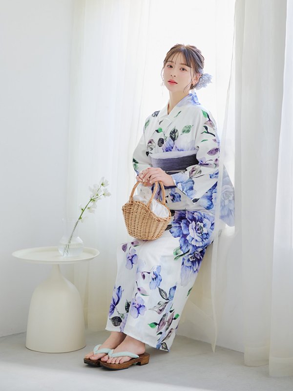画像16: 【即日発送】【浴衣】白地に水彩牡丹のクラシック浴衣 グラデーション帯 【浴衣３点セット 浴衣/帯/下駄】[YMT]