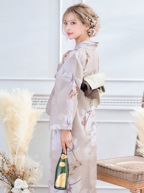 画像29: 【即日発送】【浴衣】ホワイトフラワーブラウン浴衣  【浴衣３点セット 浴衣/帯/下駄】[YMT]