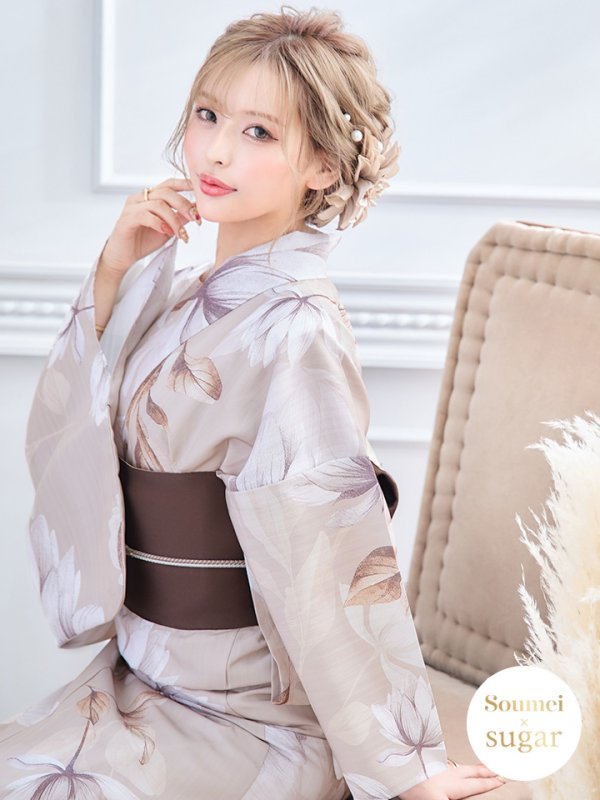 画像20: 【即日発送】【浴衣】ホワイトフラワーブラウン浴衣  【浴衣３点セット 浴衣/帯/下駄】[YMT]