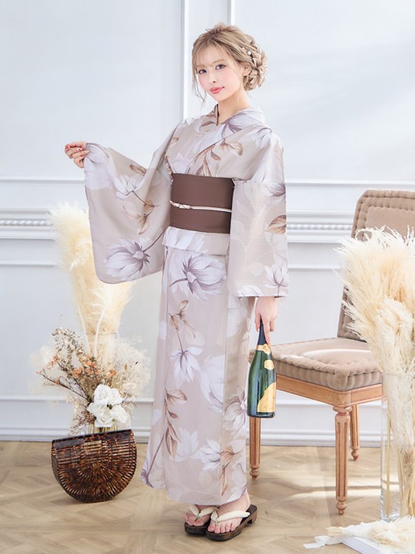 画像21: 【即日発送】【浴衣】ホワイトフラワーブラウン浴衣  【浴衣３点セット 浴衣/帯/下駄】[YMT]