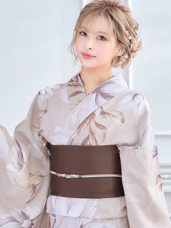 画像22: 【即日発送】【浴衣】ホワイトフラワーブラウン浴衣  【浴衣３点セット 浴衣/帯/下駄】[YMT]