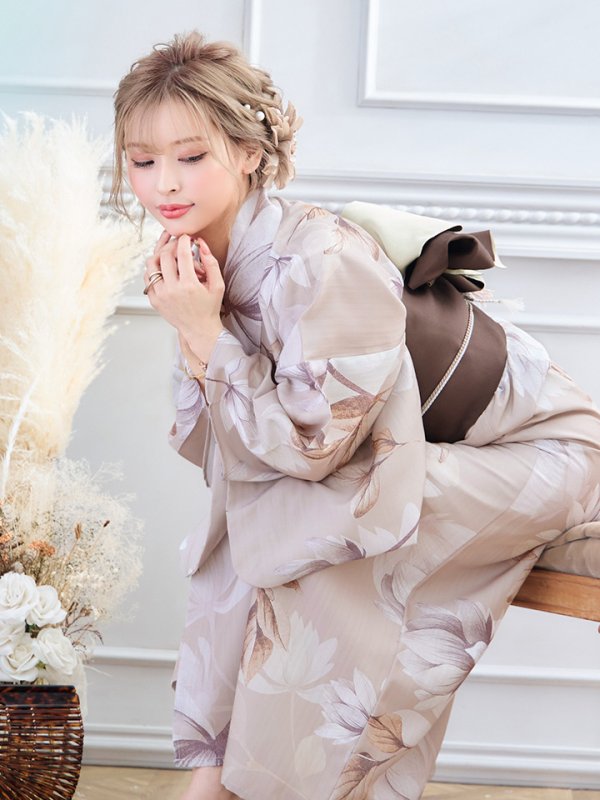 画像25: 【即日発送】【浴衣】ホワイトフラワーブラウン浴衣  【浴衣３点セット 浴衣/帯/下駄】[YMT]