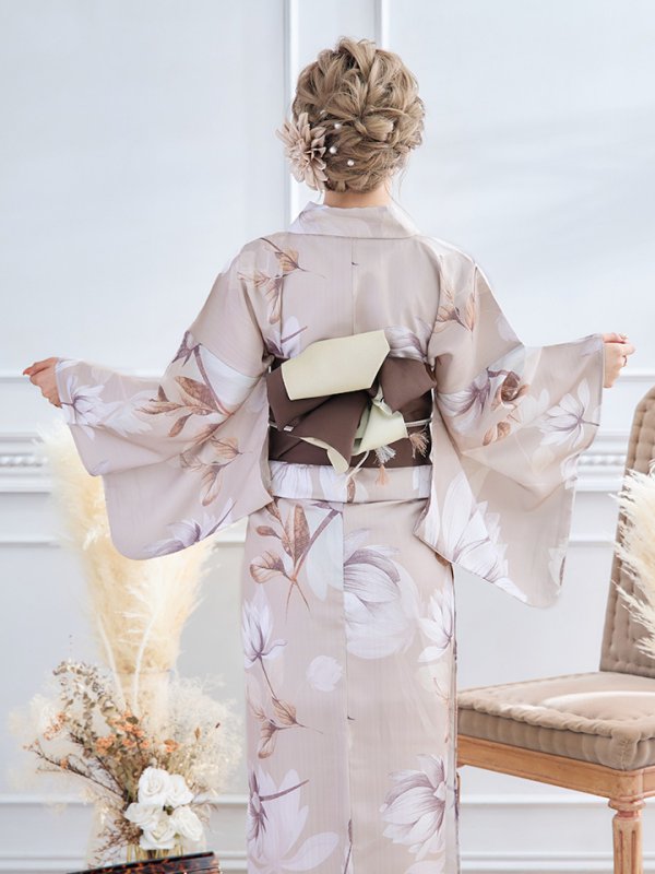 画像27: 【即日発送】【浴衣】ホワイトフラワーブラウン浴衣  【浴衣３点セット 浴衣/帯/下駄】[YMT]