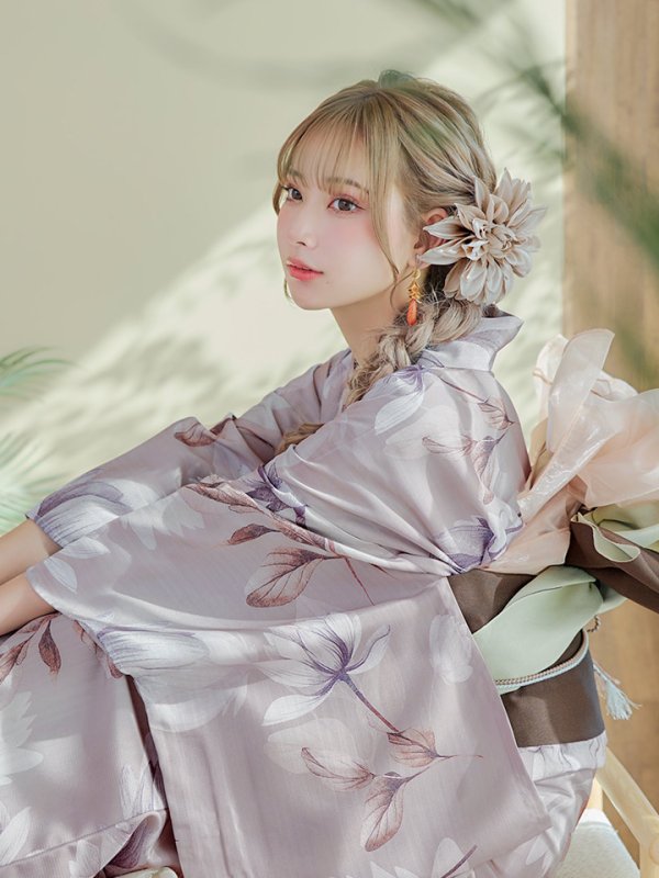 画像17: 【即日発送！】【浴衣】ホワイトフラワーブラウン浴衣【浴衣３点セット 浴衣/帯/下駄】[YMT]